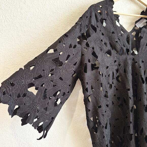 Anthropologie Floral Eyelet Kaftan Dress OS Sheer Bell Sleeve Beachy Resort Boho - Picture 2 of 10